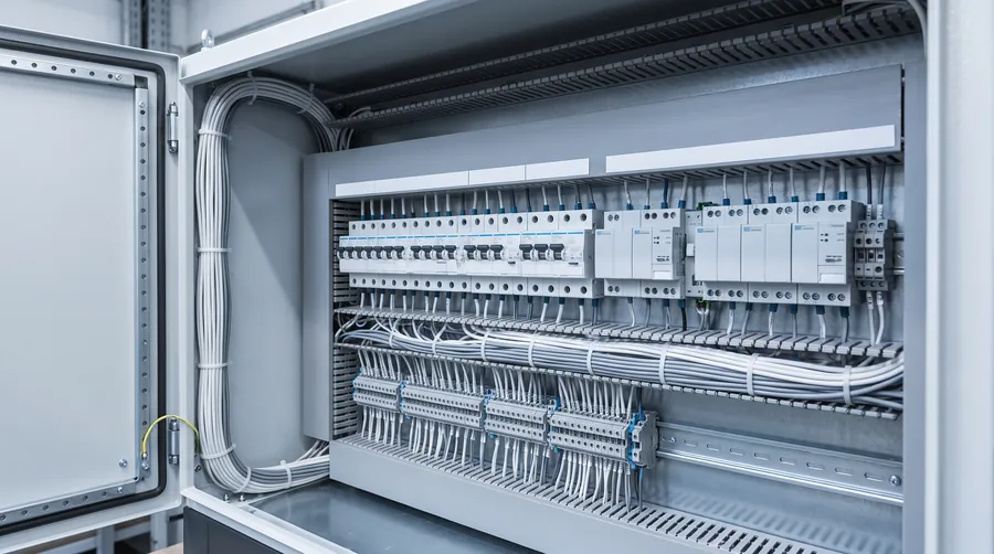 Sauber verdrahteter Elektroverteiler mit Reihenklemmen und Automatisierungsmodulen